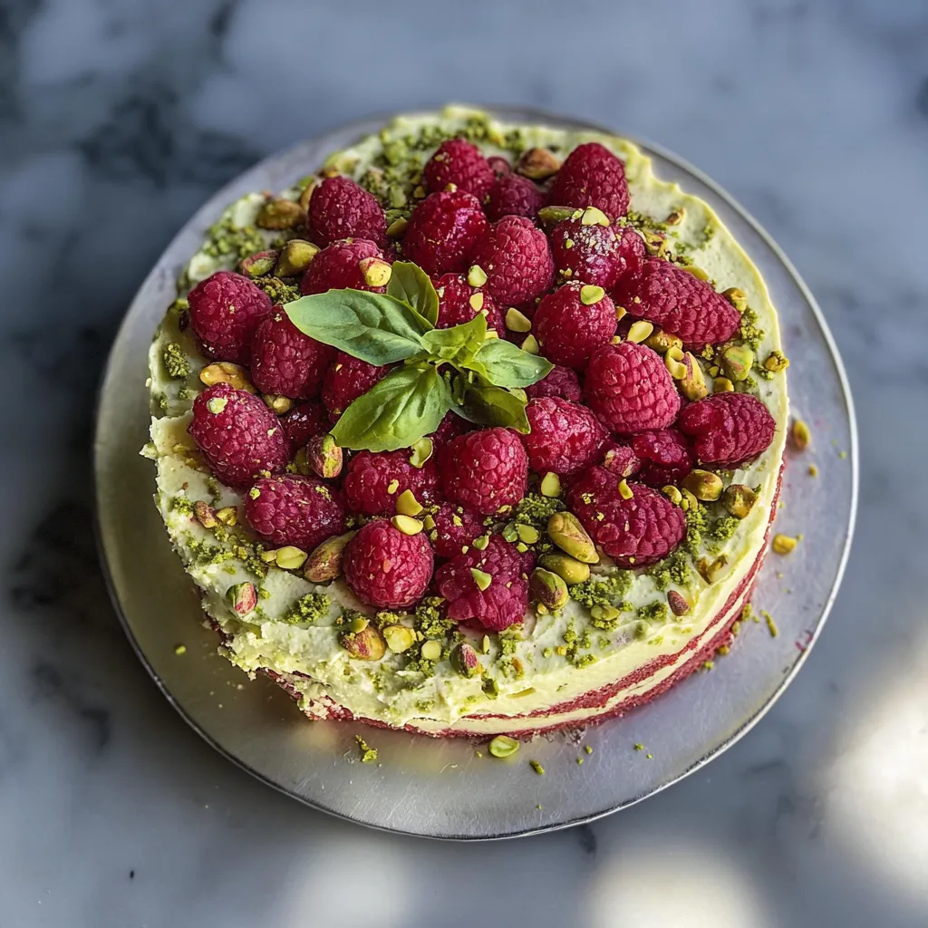 Un pastel con frambuesas y menta encima.