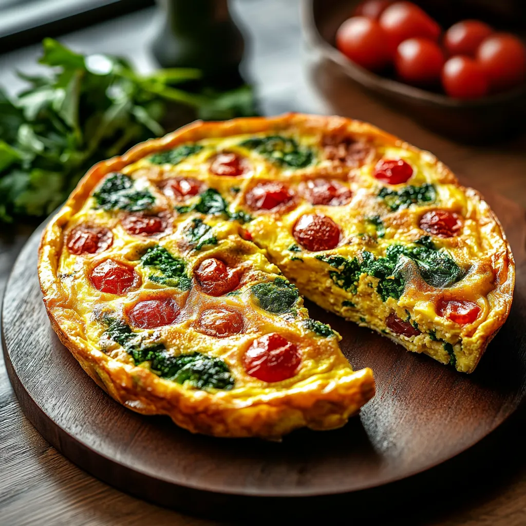 Trozos de quiche con espinaca y tomate.