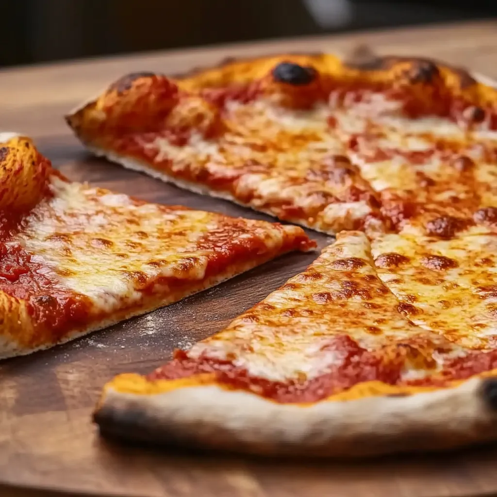 Una pizza con salsa de tomate y queso derretido.