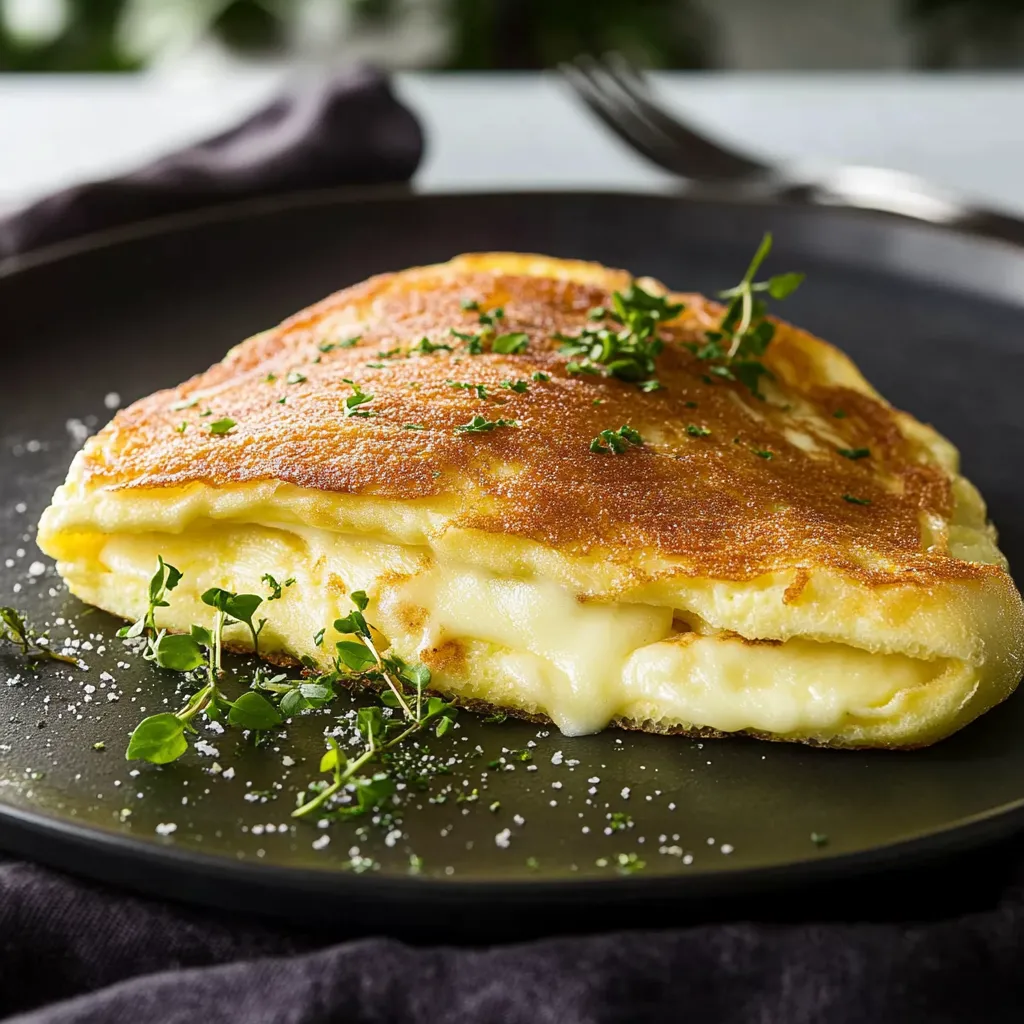 Un plato con omelette y cubiertos al lado.