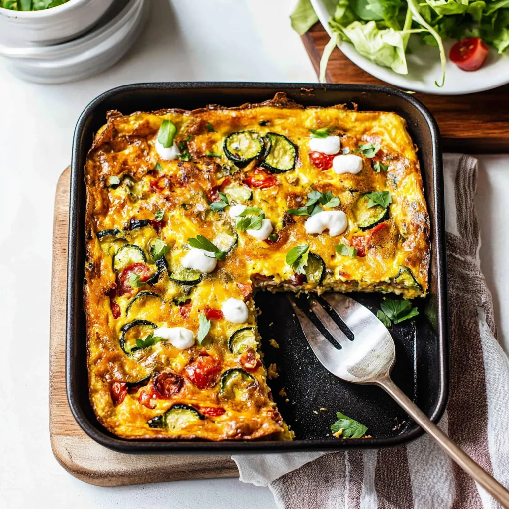 Un trozo de tarta salada con calabacín.