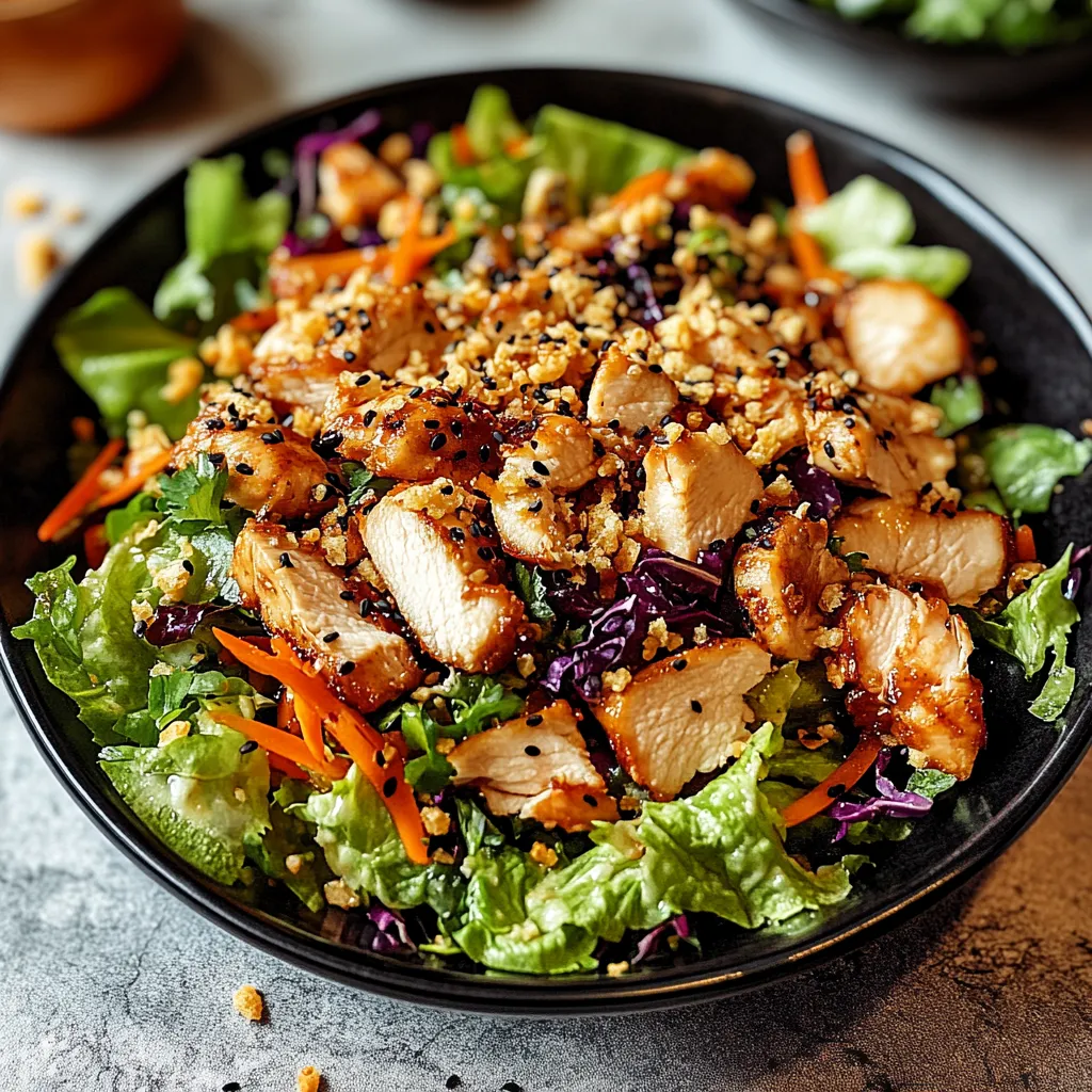 Un bowl con ensalada, pollo y frutos secos.