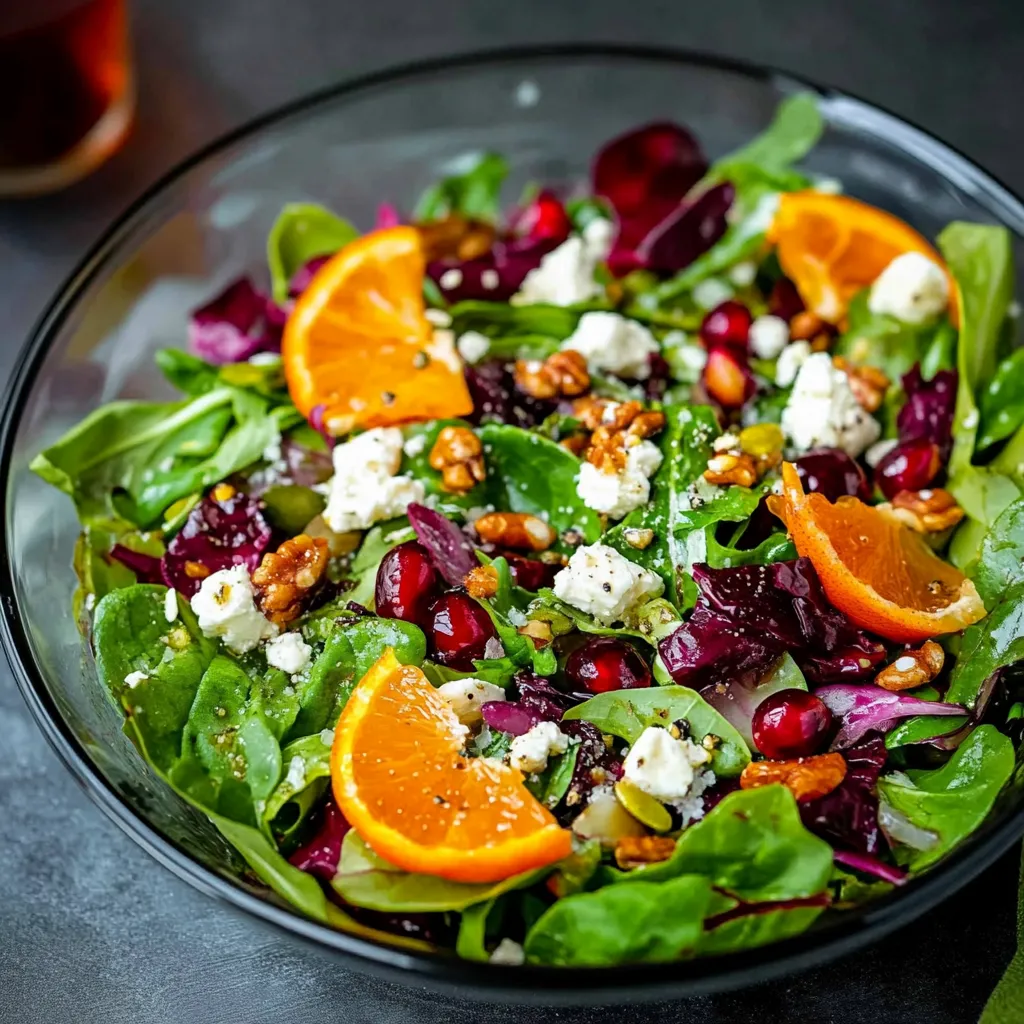 Un bol de ensalada con rodajas de naranja y queso azul.