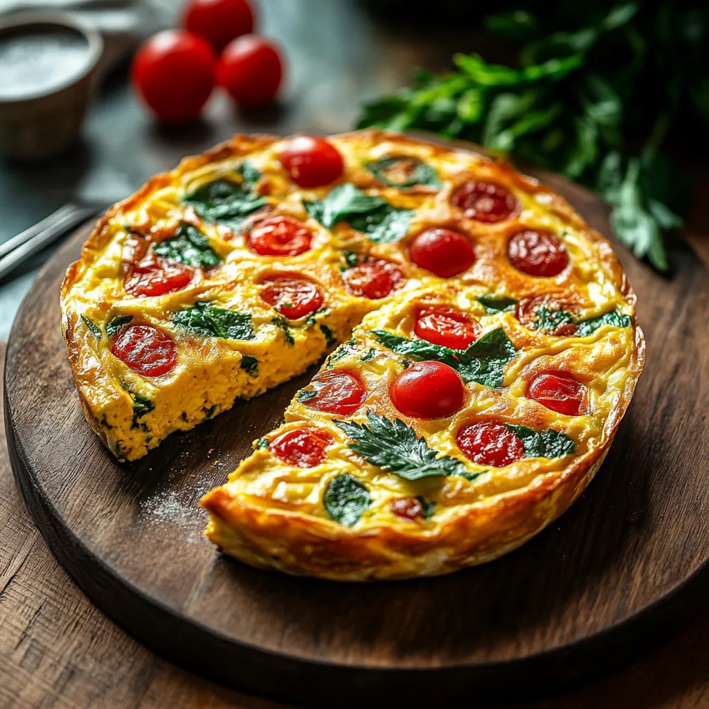 Trozo de tarta de huevo con tomates y espinacas.