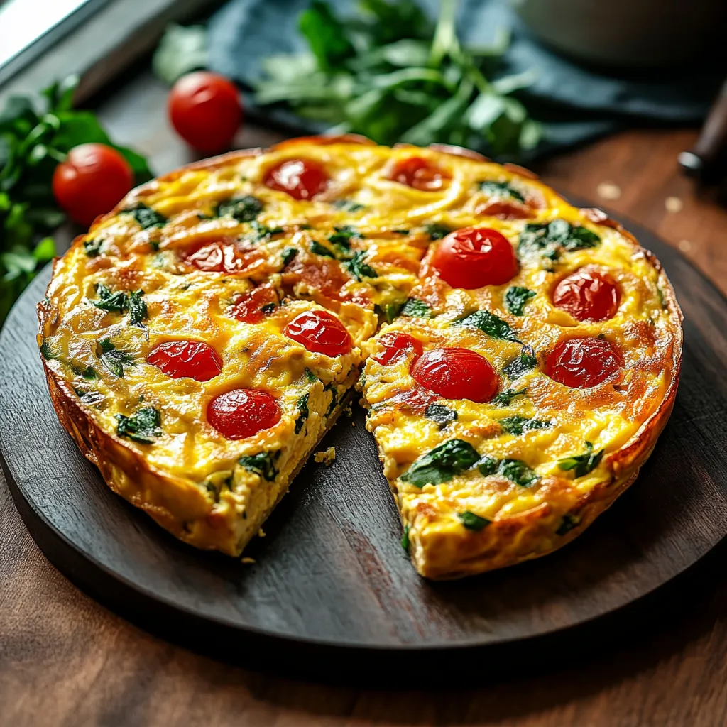 Porción de tarta de huevo con espinacas y tomate.