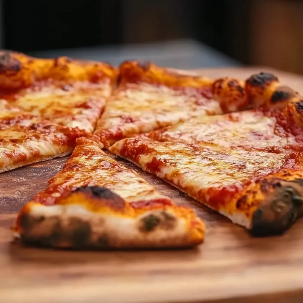 Una pizza con queso y salsa sobre una mesa de madera.