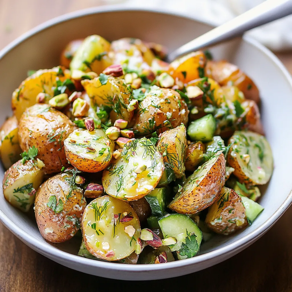 Un bol con patatas, pepino y frutos secos.