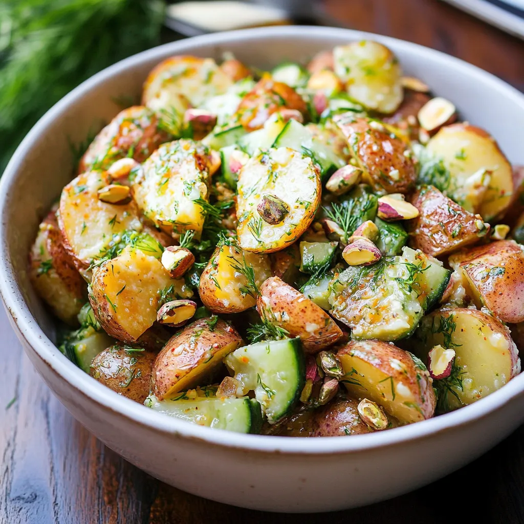 Un bol con patatas, hierbas y frutos secos.