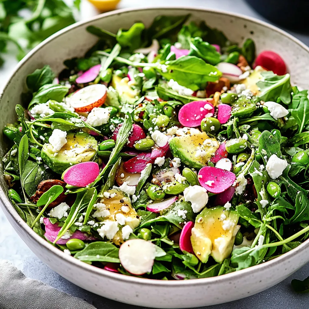 Un bol de ensalada con queso feta, pimientos y hojas verdes.
