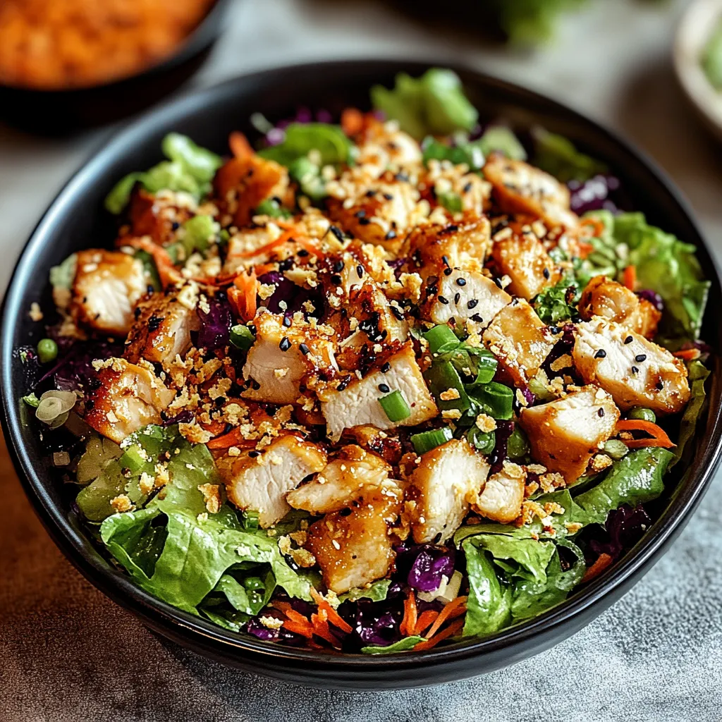 Un bol con ensalada de pollo y verduras frescas.