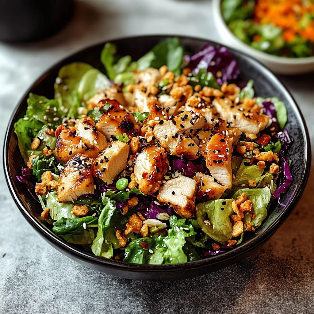 Ensalada de pollo y semillas de sésamo en un bol.