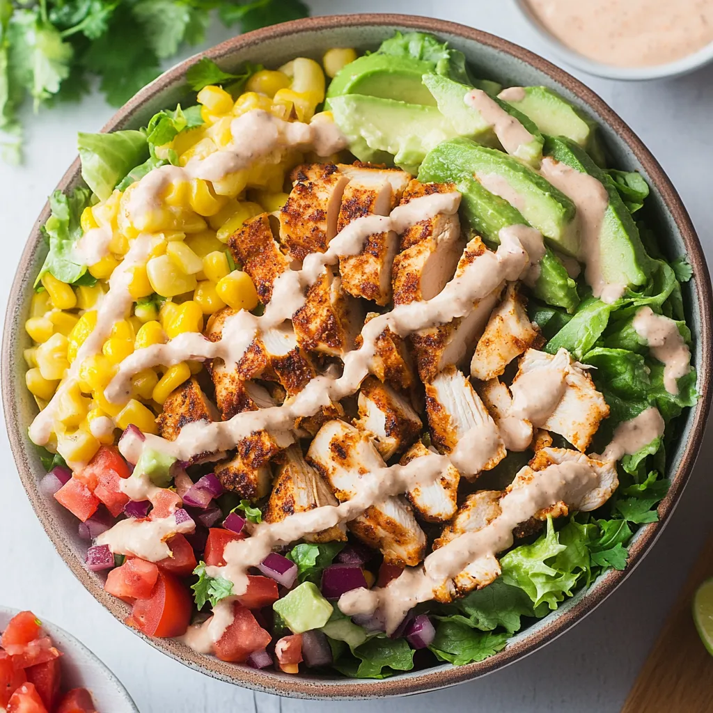 Un tazón con pollo, maíz y aguacate.