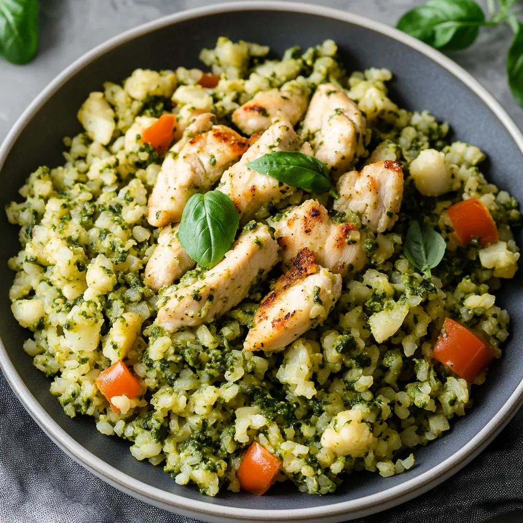 Un bol de arroz de coliflor con pollo y verduras.