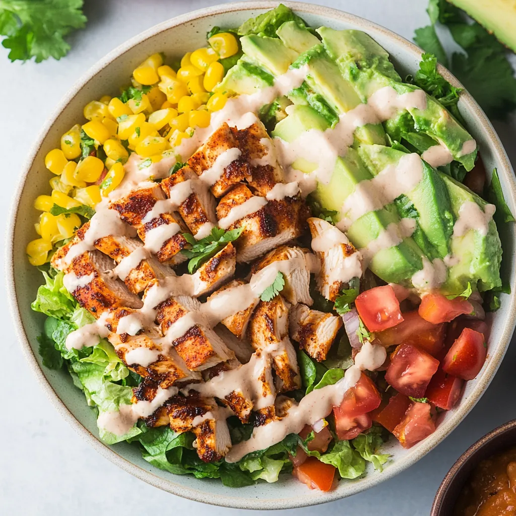 Un tazón con ensalada de pollo, jitomate y aguacate.