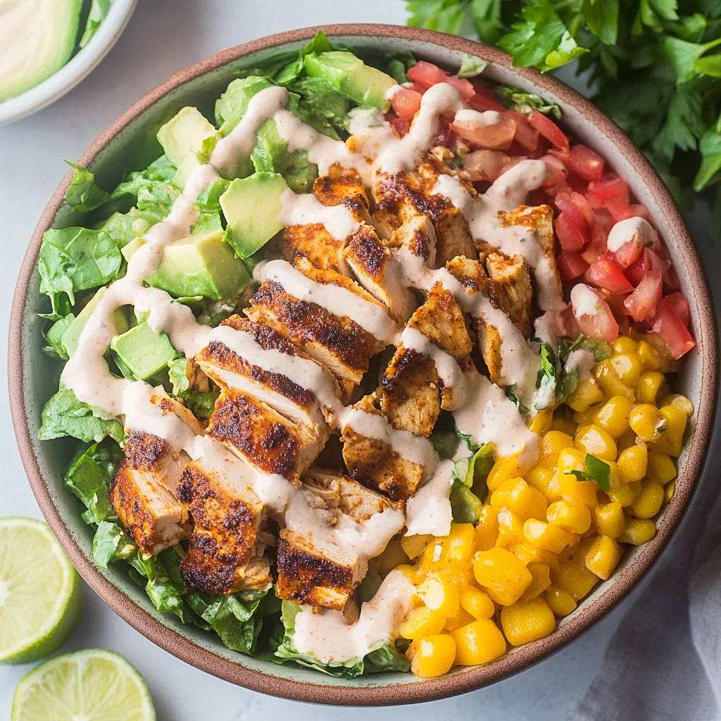 Un bol de comida con pollo, tomate, aguacate y maíz.