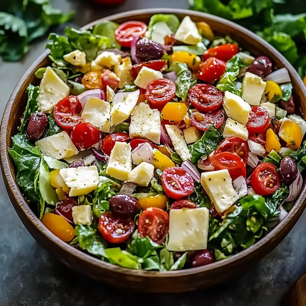Un bowl de ensalada con tomate, queso y aceitunas.