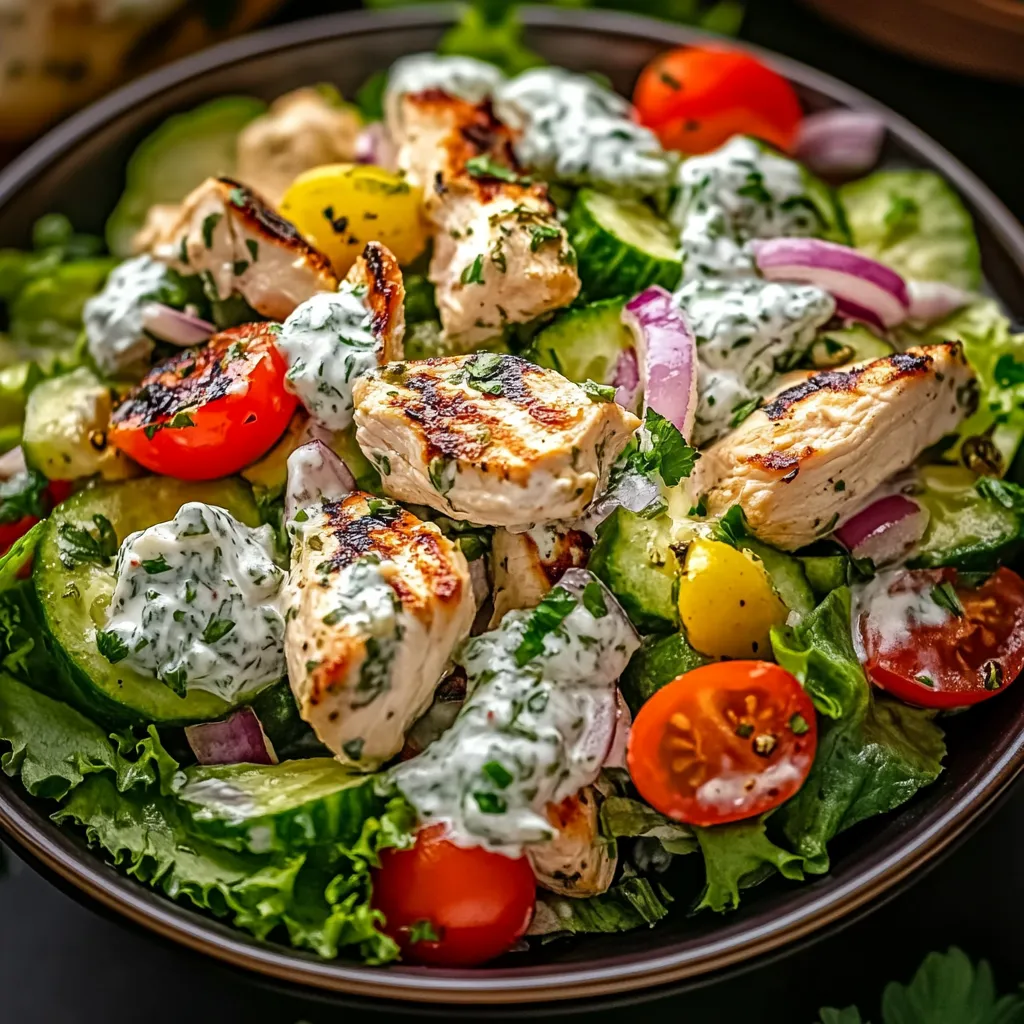 Un bowl con ensalada de pollo, tomate, cebolla y pepino.
