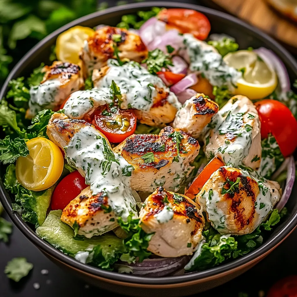 Un bol con pollo, tomate, cebolla y lechuga.