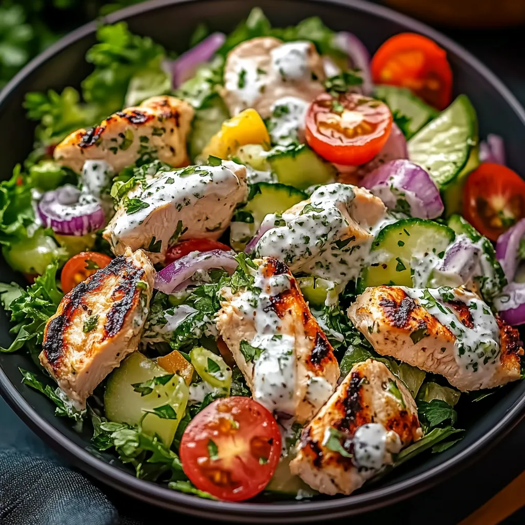 Un bol de ensalada de pollo con tomate, pepino y cebolla.