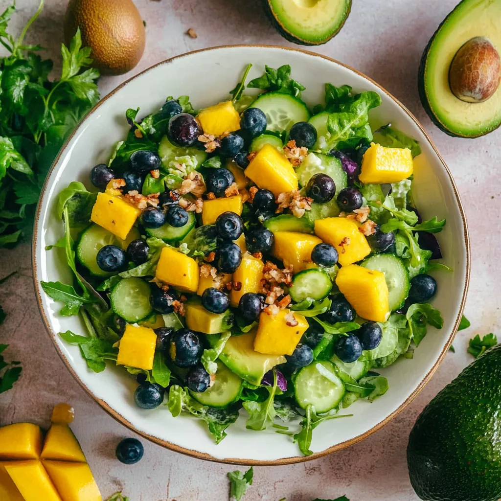Un bol de ensalada de frutas con mango, aguacate y arándanos.