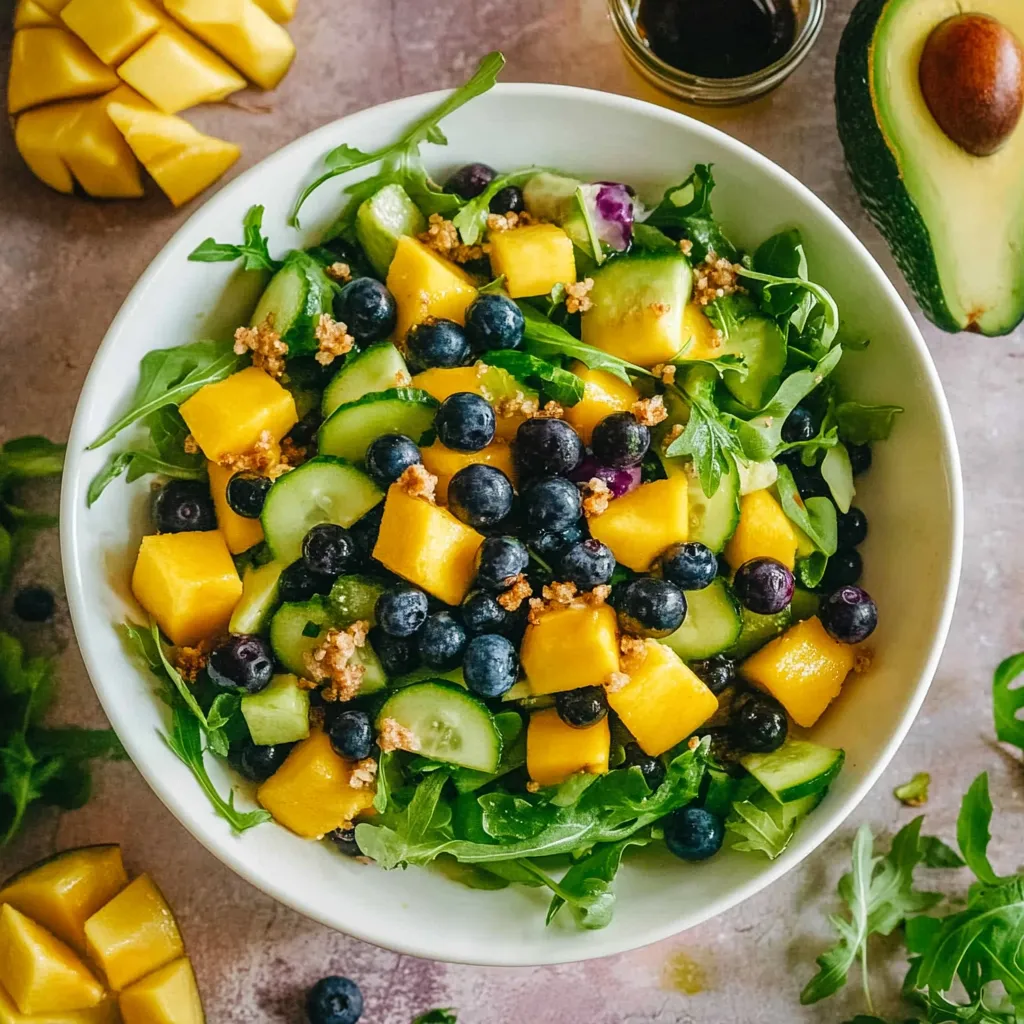 Un bowl de ensalada de frutas con arándanos, pepinos y aguacate.