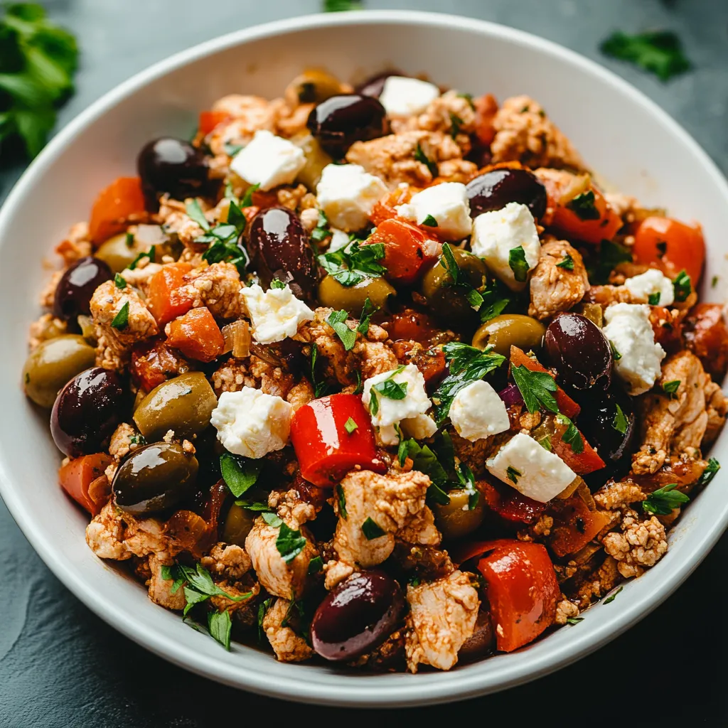 Un bowl con olivas, tomates y queso feta por encima.
