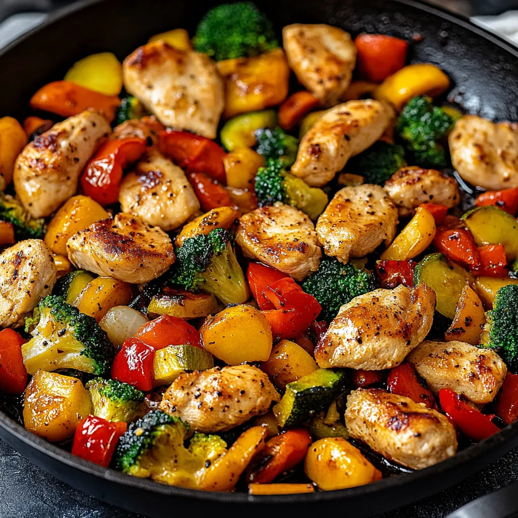 Una sartén con pollo y verduras.