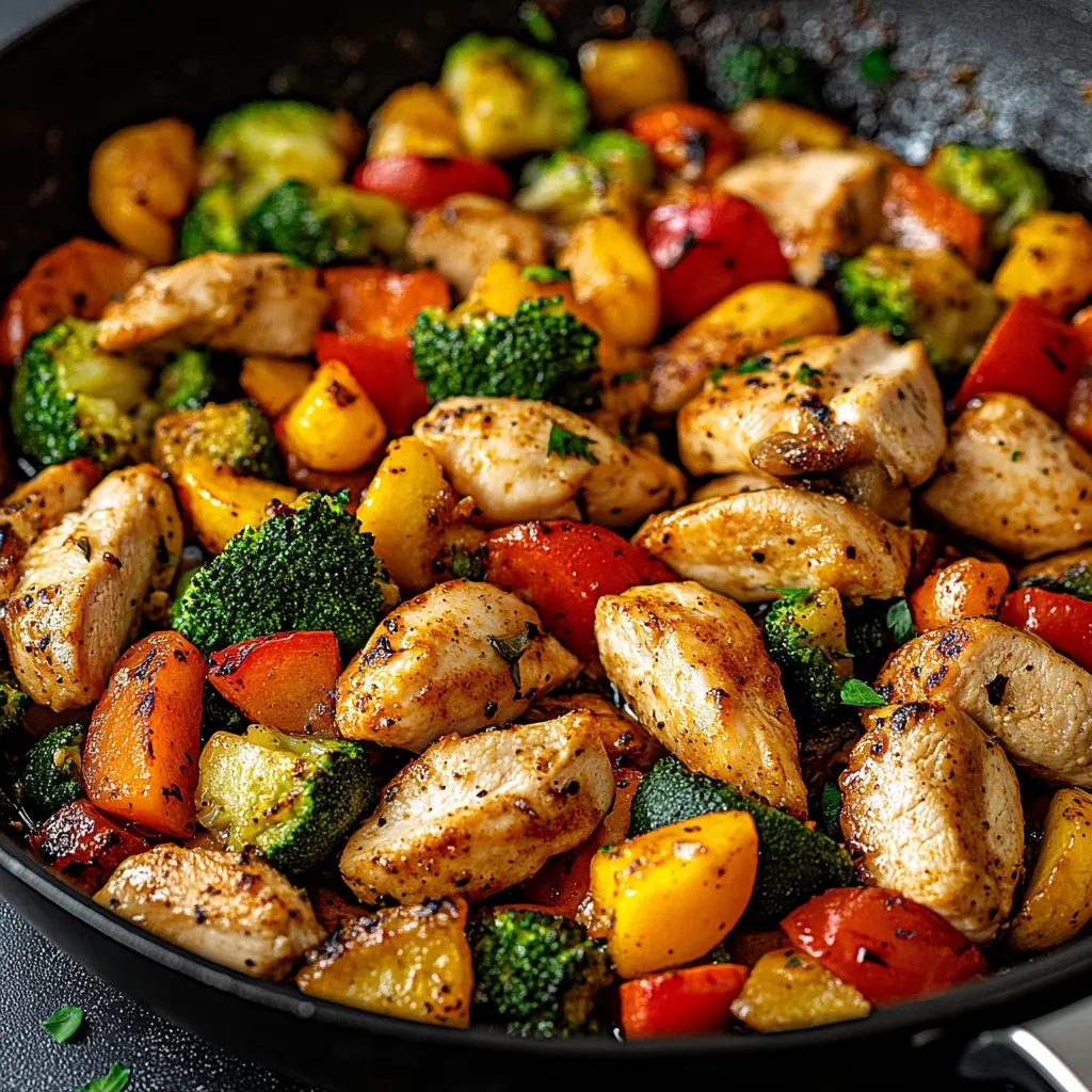 Una sartén con brócoli, zanahorias y pollo.