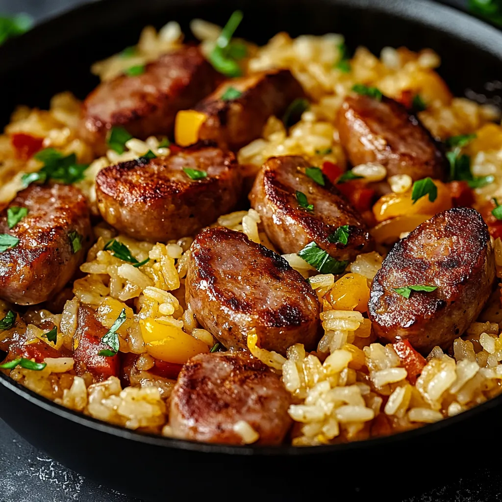 Plato de arroz con salchicha y pimientos.