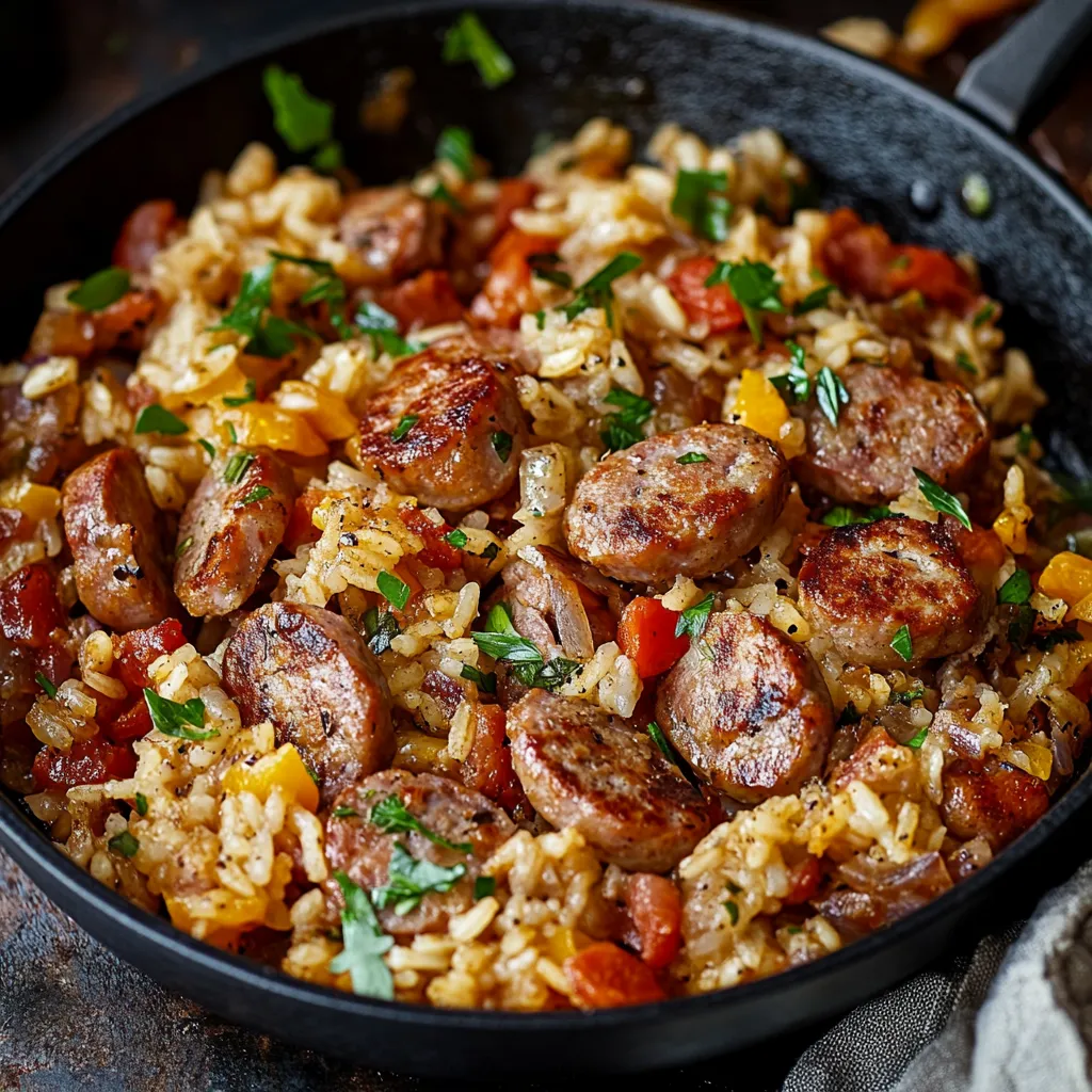 Un bol de arroz con chorizo y verduras.