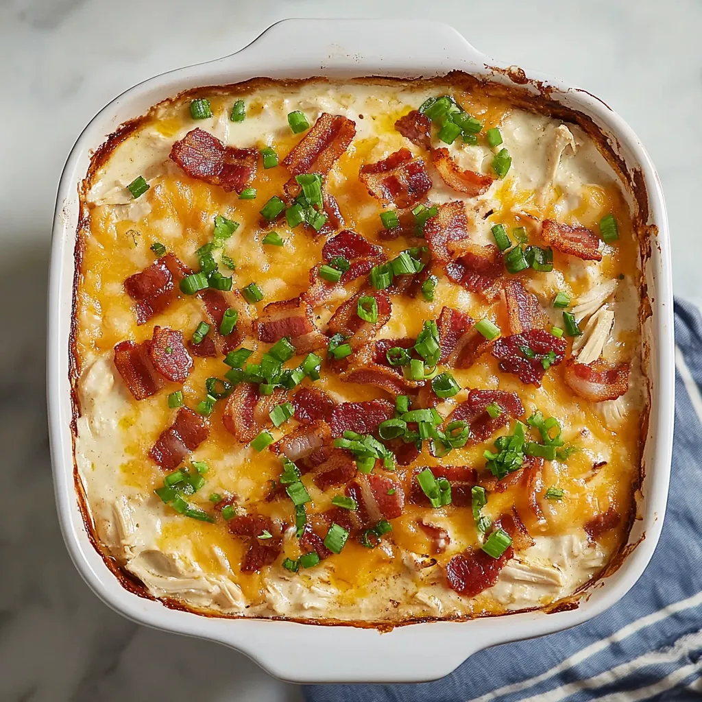 Un tazón blanco con dip cremoso, tocino y cebollines.