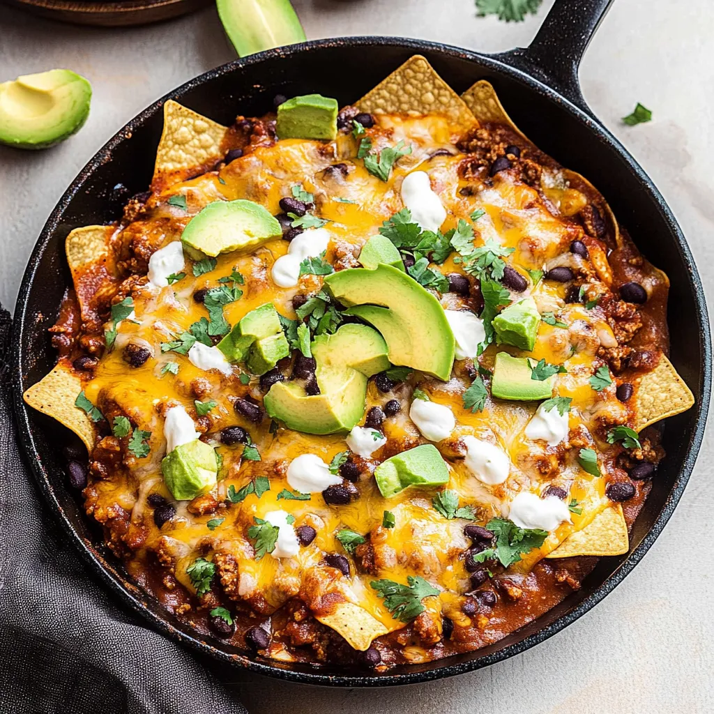 Un bol de nachos con frijoles negros, queso y aguacate.