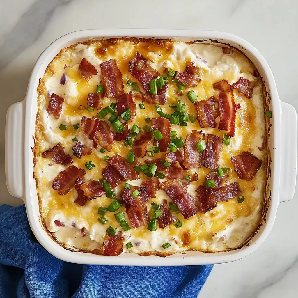 Bol blanco con una mezcla cremosa de bacon, pollo y queso.