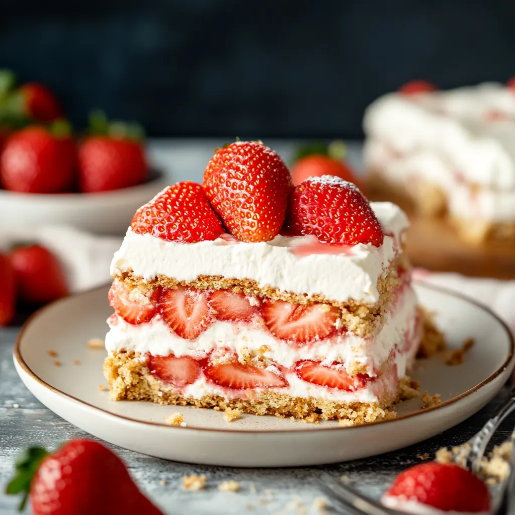 Porción de pastel de fresas sobre un plato.