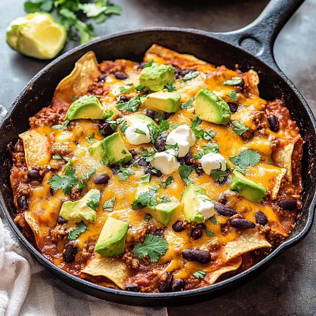 Un sartén rebosante de pollo, frijoles y queso súper rico.
