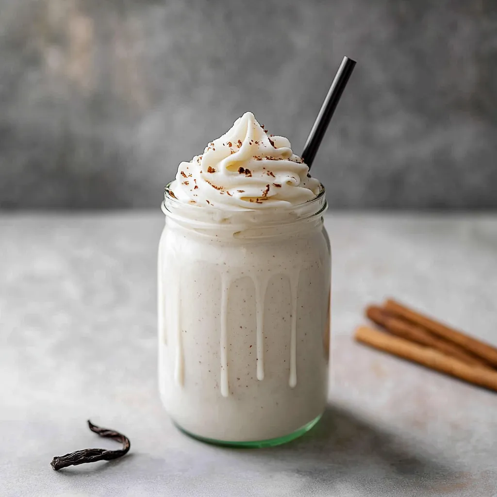 Vaso de leche batida con crema y palitos de canela.