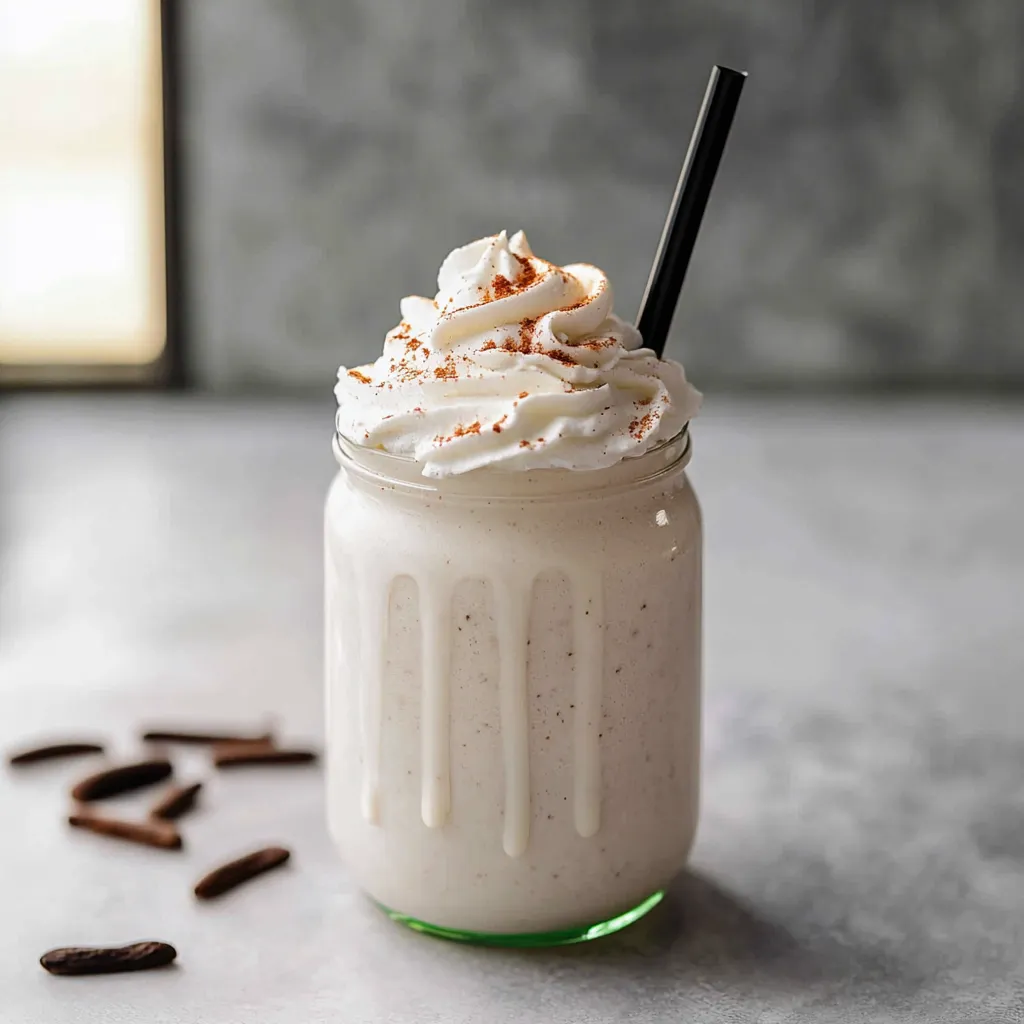 Un vaso de leche con nata montada y canela.