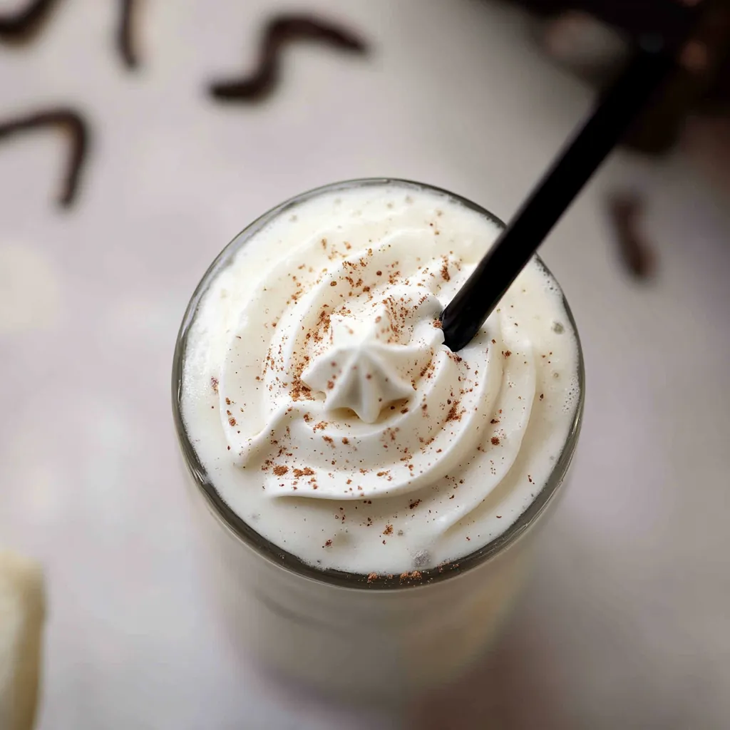 Un vaso de leche con nata montada y virutas de chocolate.