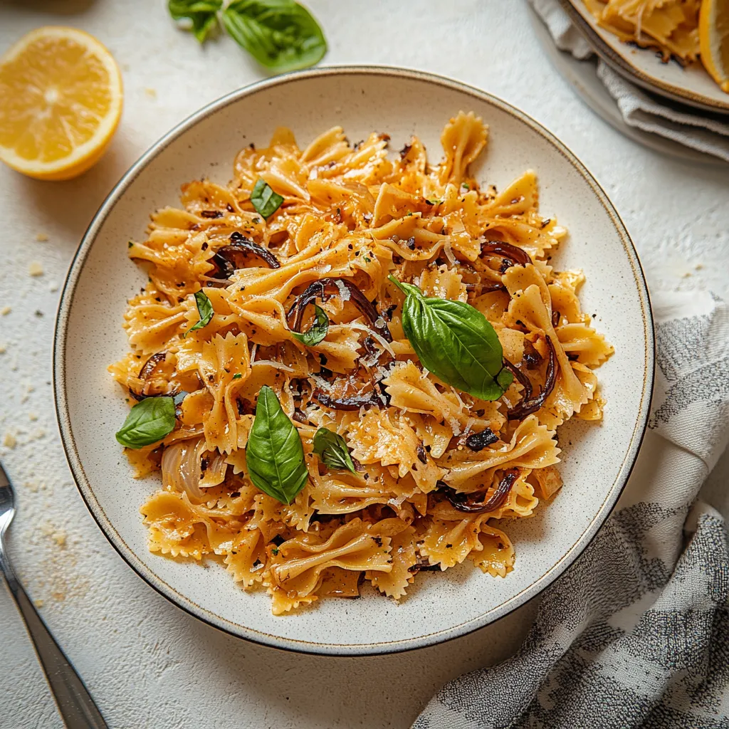 Un plato de pasta con espinacas y champiñones.