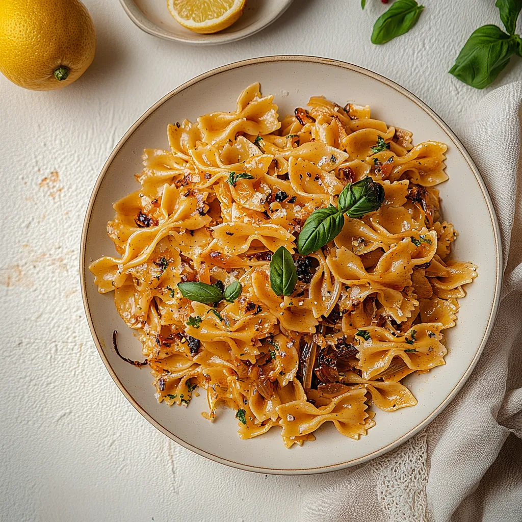 Un plato de pasta con verduras y gajos de limón.