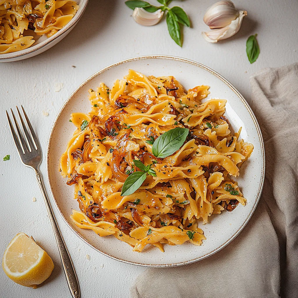 Pasta servida con un tenedor y un trozo de limón.