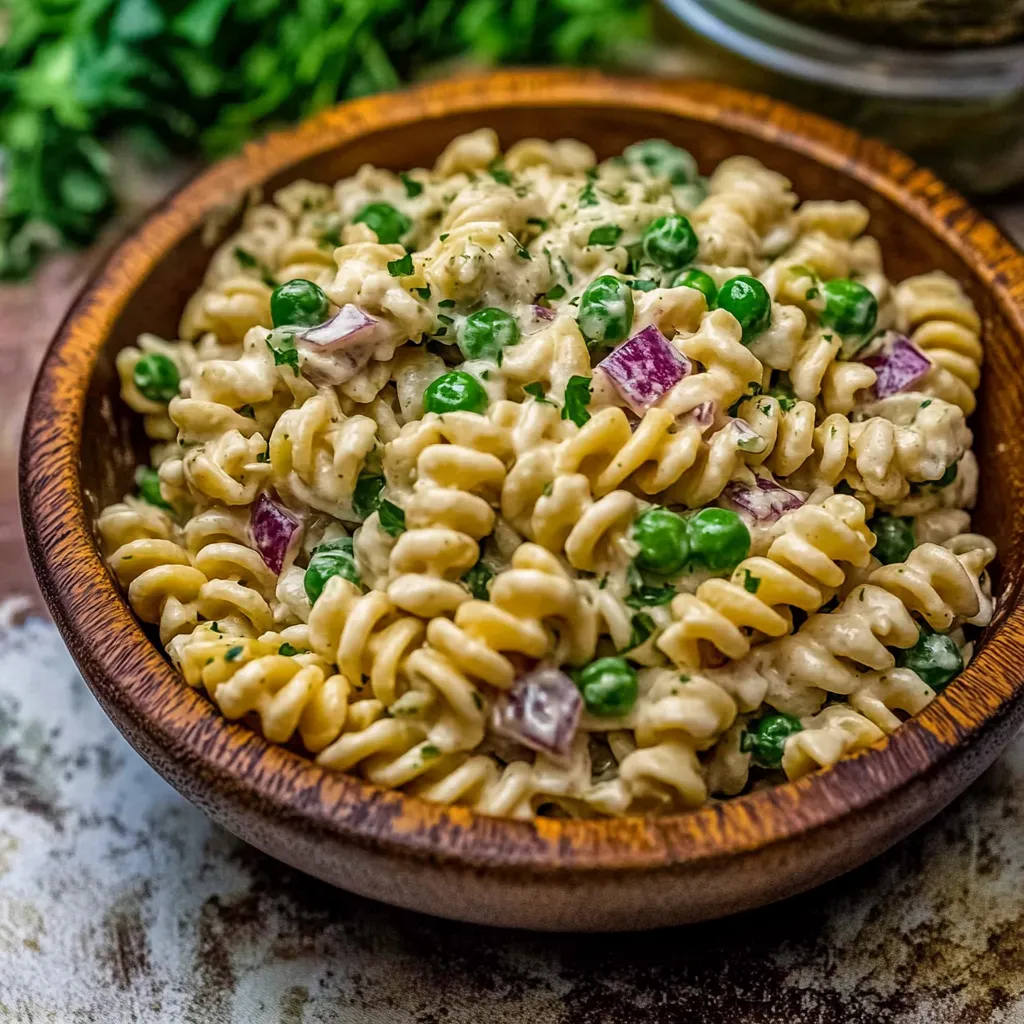 Un bol de pasta con guisantes y cebolla morada.