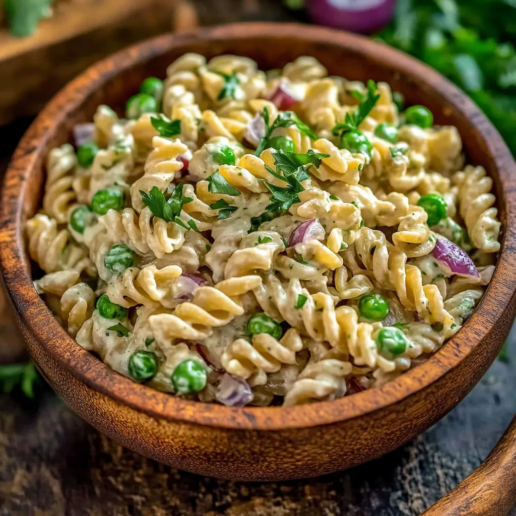 Bol de pasta con guisantes y cebolla.