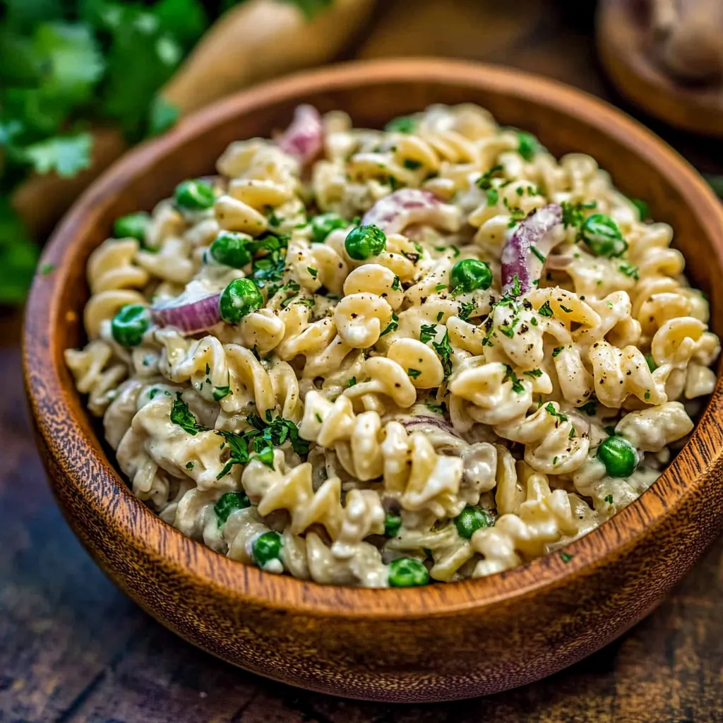 Bol de pasta con guisantes y cebolla.