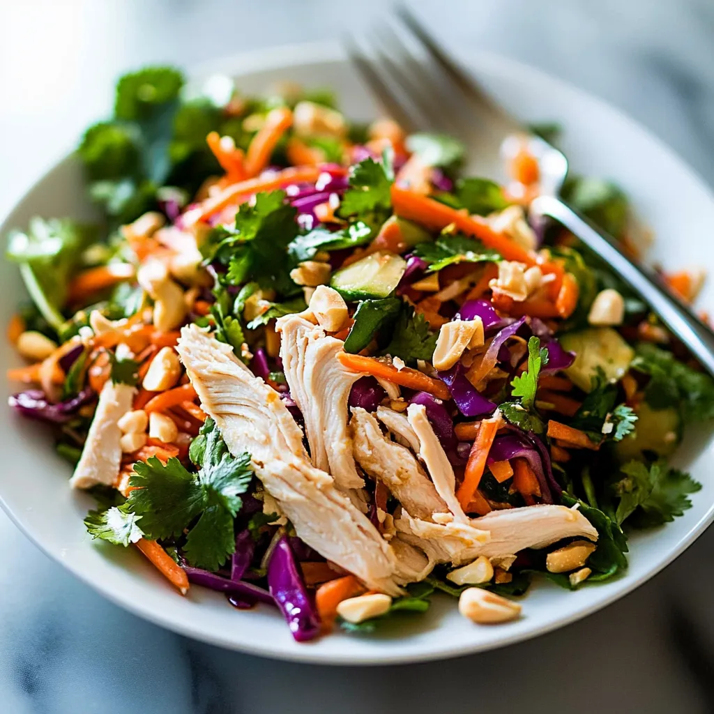 Un bol de ensalada de pollo con tenedor.