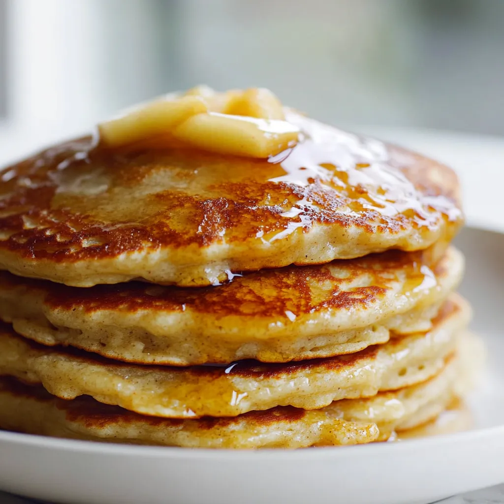 Una torre de pancakes con almíbar arriba.