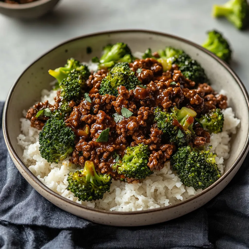 Un tazón con arroz, brocoli y carne.