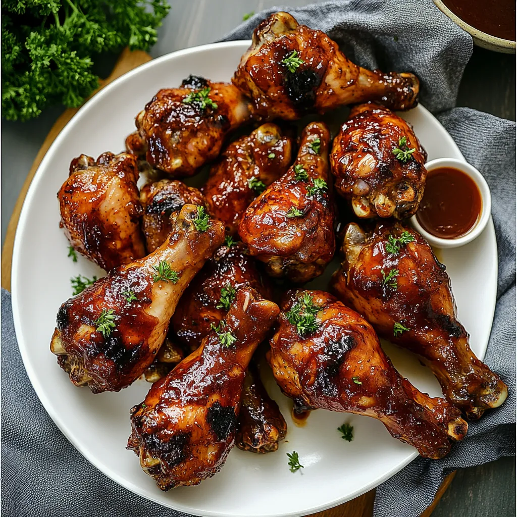 Un plato con alitas de pollo cubiertas de salsa barbacoa.