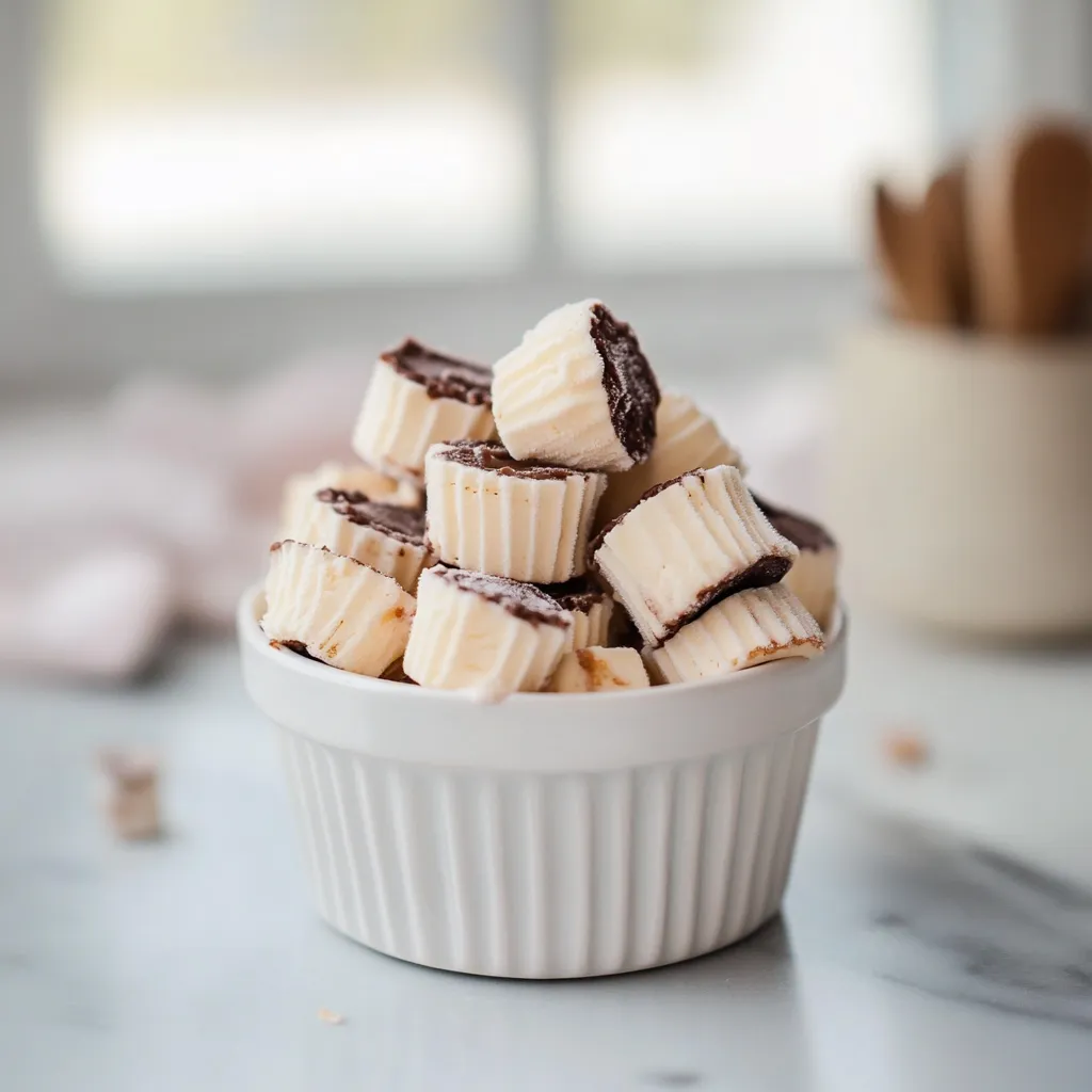 Un bol blanco lleno de caramelos con chocolate.