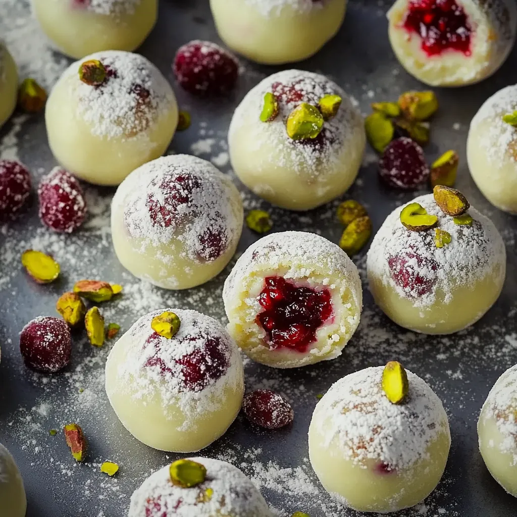 Un postre blanco visto de cerca, con frutos rojos y trozos de nuez por encima.